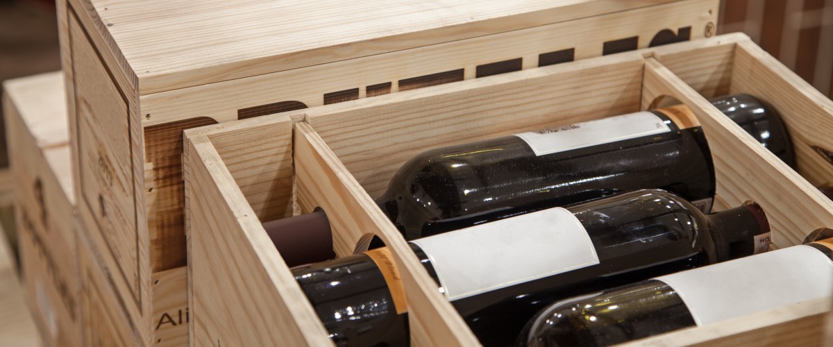 Wine bottles in a wooden crate