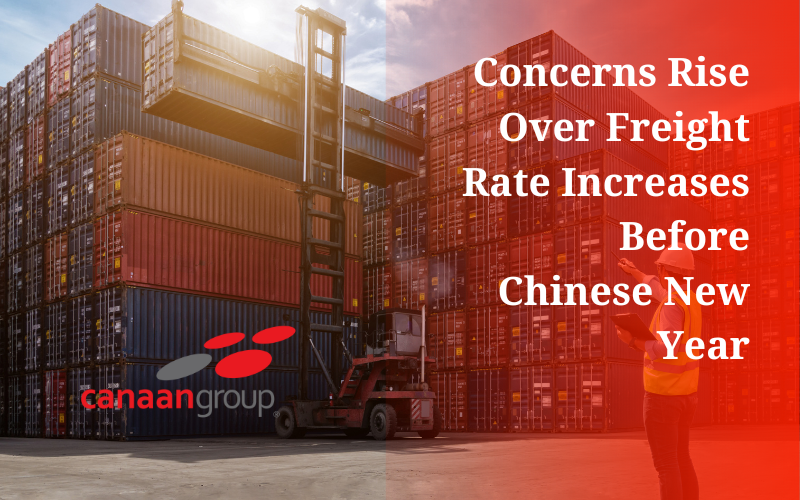 Image: a port lit up with dark blue water below and a dark blue sky above. A red banner with caption: concerns rise over freight rate increase before Chinese new year. A Canaan Group logo sits on the top right. Tags: freight canada, business shipping, freight to canada, air freight canada, shipping to the us, 3pl company, warehouse logistics, 3pl